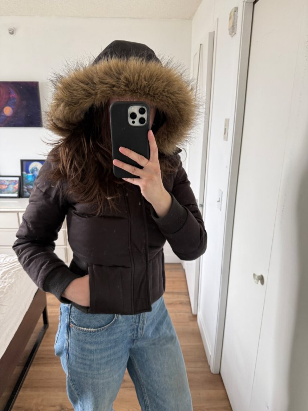 Y2K Aritzia Puffer Jacket Cropped Brown Down Filled Faux Fur Hood S